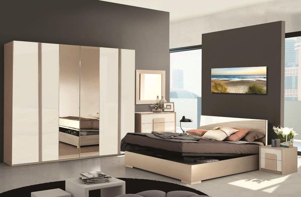 Предлагат се стилни и функционални мебели: легла с тапицирана табла, нощни шкафчета, различни видове комоди, етажерки и множество варианти за гардероб с отваряеми врати.