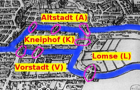 Фигура 1.2 : Карта на Ko nigsberg с означения. Показани са островите Kneiphof (K) и Lomse (L), кварталите Altstadt (A) и Vorstadt (V), река Pregel в синьо и седемте моста.