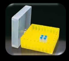 Кутия с капак за 81 епруветки 1.5-2.2ml Полипропиленова кутия, съставена от две части, основа с флуоресцентен цвят и прозрачен капак.