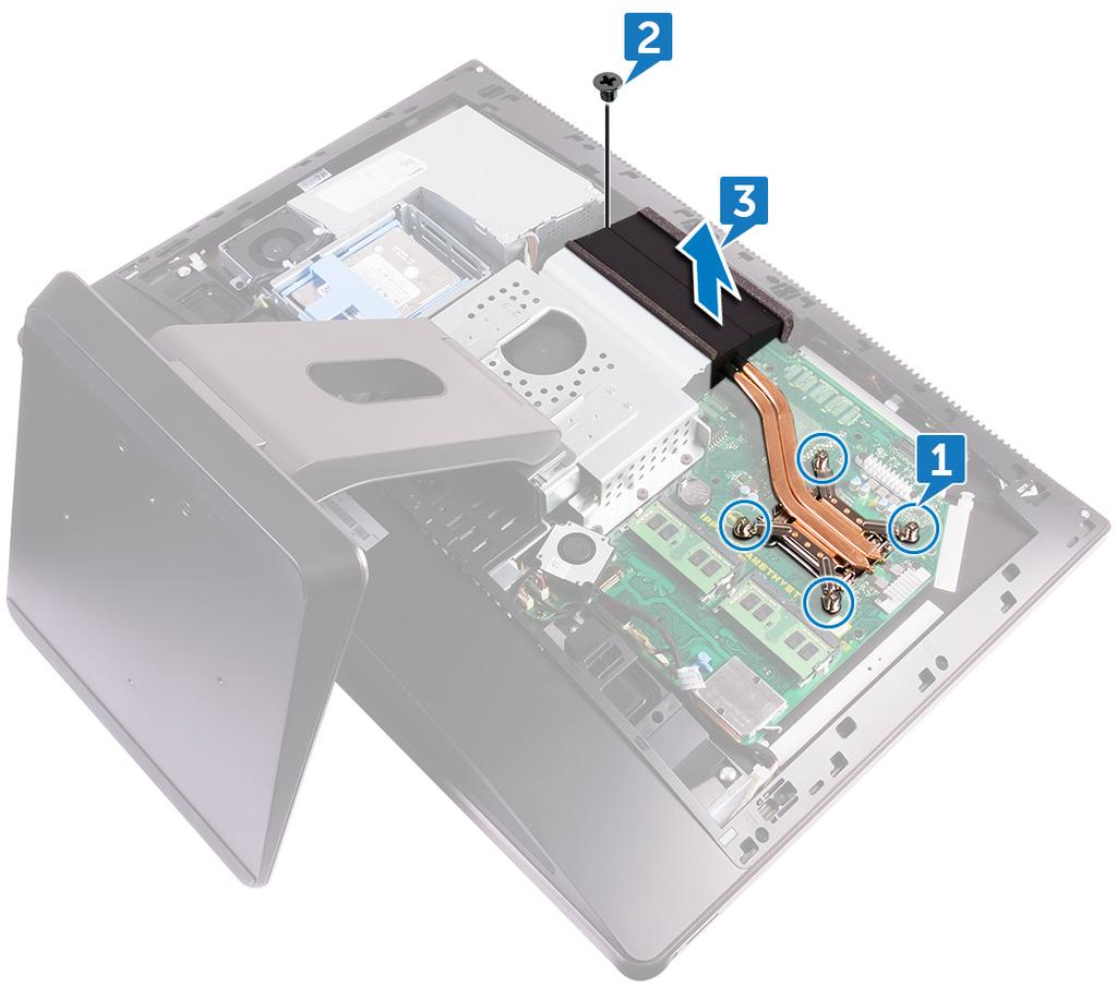 2 Свалете винта (M3X4), който закрепва охладителния вентилатор на процесора към средната рамка. 3 Повдигнете охладителя на процесора от дънната платка.