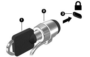 3. Поставете фиксатора на кабела за защита в слота за кабел за защита на компютъра (3), след което заключете фиксатора на