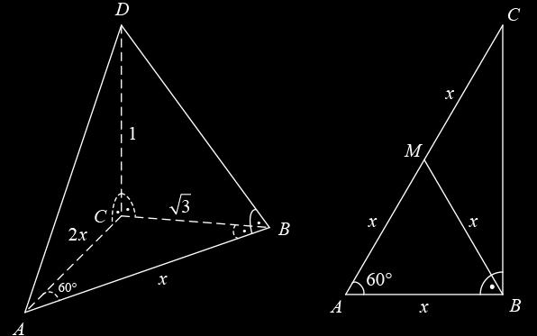 6 От CD (ABC) следва, че CD AB, CD AC и CD BC, те триъгълниците ACD и BCD са правоъгълни (фиг ) фиг фиг В ABC построяваме медианата ВМ и означаваме AB = x (фиг ) Тогава AC = AB = x и AM = MC = x