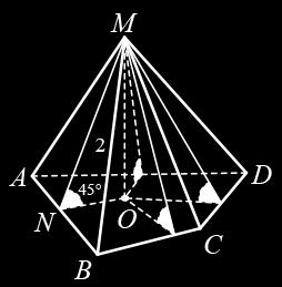7 Щом околните стени сключват с основата равни ъгли, то височината се проектира в центъра О на вписаната в ABCD окръжност Нека MNO = 45 е линеен ъгъл на двустенния (ABM, ABCD) и NO = r е радиус на