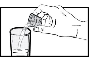 3. Изсипете водата от дозиращата чаша в малка стъклена чашка. Добавете диспергиращите се таблетки 4. Използвайте ножици, за да отворите блистера по пунктираната линия.