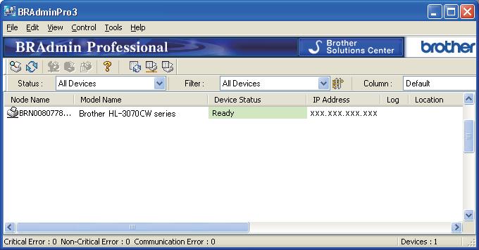 Конфигуриране на машината за използване в мрежа Име на възела: Името на възела се появява в текущия прозорец на BRAdmin Professional 3.